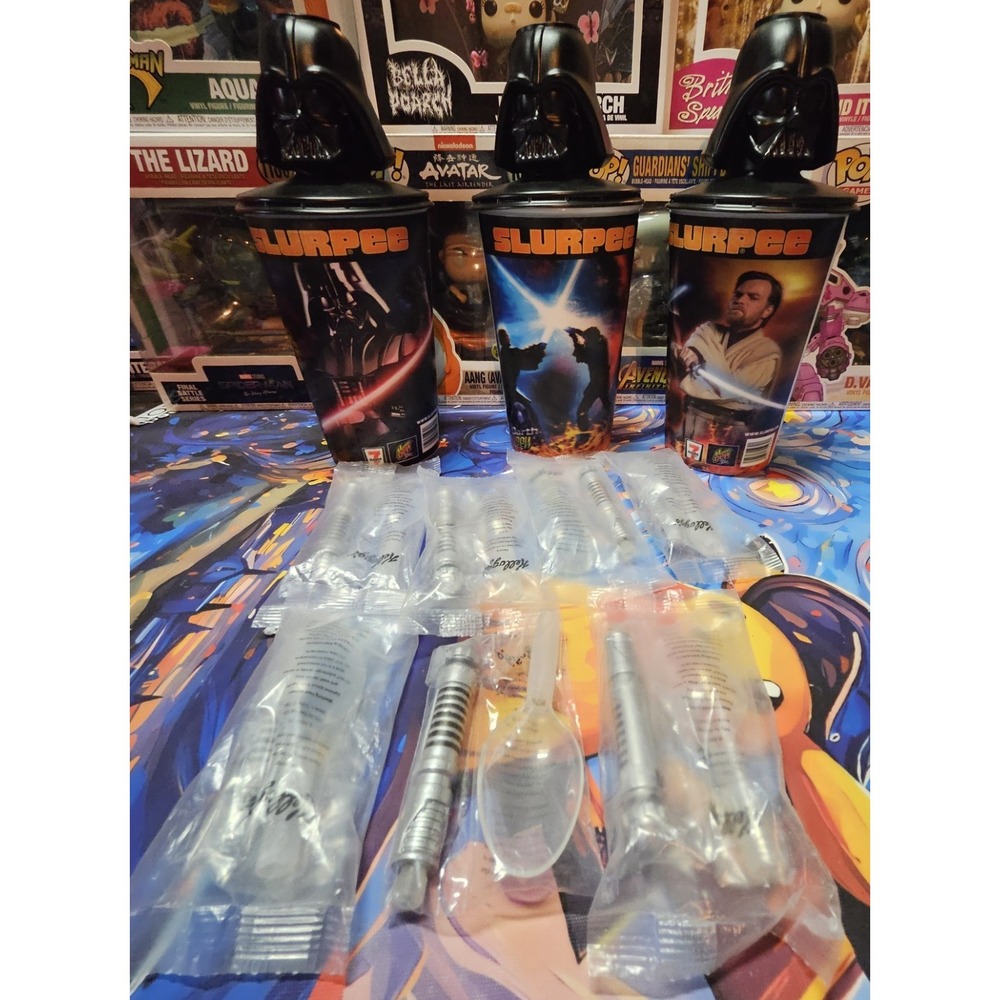 VINTAGE 2005 Star Wars Revenge of the Sith Slurpee Cups & 7 SEALED Cereal Spoons